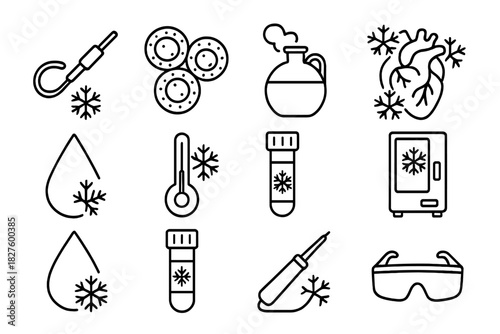 Cryomedicine Line Icons. Line style icons of cryomedicine: cryo catheter, frosted cells, liquid nitrogen flask, frozen organ; ice