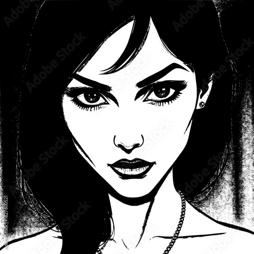 A moody, noir-inspired black-and-white drawing of a woman with porcelain skin and dark eyeliner, her features sculpted through thick shadows and refined edges, gazing intensely toward the viewer with 