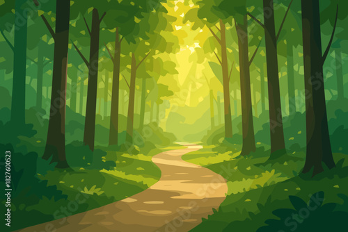 Sunlit Forest Pathway. Scenic forest pathway covered in soft sunlight streaming through tall vector illustration trees, serene and