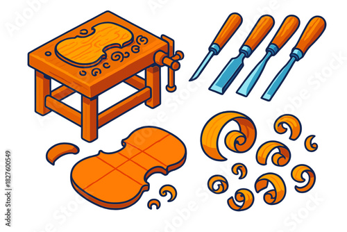 Traditional Luthiery Bench. Isometric vector illustration set Traditional Luthiery Bench: Wooden bench with clamp, gouges and
