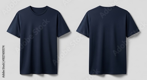 Front and back view of a plain navy blue tshirt on a neutral background