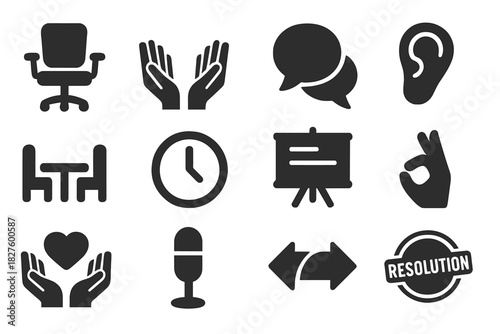 Mediation Techniques Icons. Solid style icons of Mediation Techniques: mediator chair, open hands, dialogue bubble, listening ear,