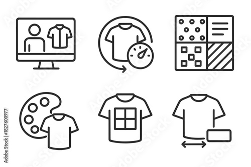 3D Clothing Customization Icons. Line style icons of 3D clothing customizations: avatar-based fitting, adjustable size dial,