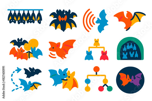 Bat Social Icons. Flat vector icons of bat social structures: bat colony, roosting cluster, echolocation pulse, wing touch,