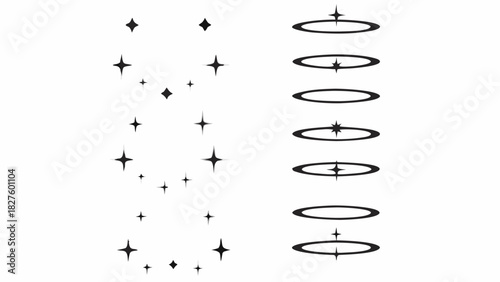 Collection of sparkling starbursts and glowing ring icons in black and white