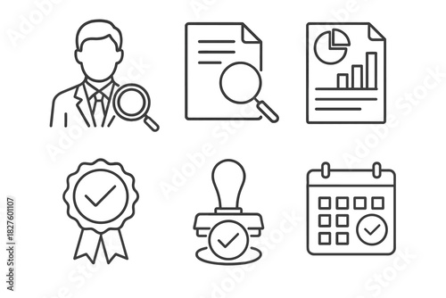 ESG Audit Icons. Line style icons of third-party ESG audits: external auditor icon, audit scope file, findings report chart,