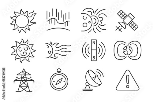 Space Weather Icons. Line style icons of Space Weather: Solar Flare, Aurora, Geomagnetic Storm, Satellite Disruption; Sunspot,