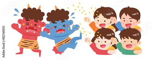 節分行事の豆まきイラスト：2月にかわいい子供が鬼は外で鬼退治、鬼のいる風景