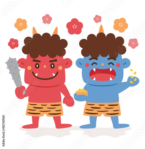 節分イラスト:笑顔のかわいい赤鬼・青鬼(おに・オニ)節分の日の鬼キャラクター