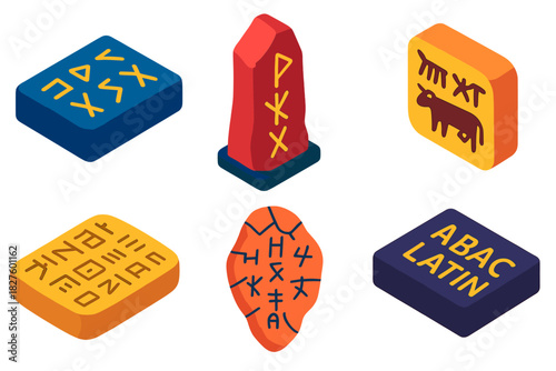 Ancient Scripts Illustrated. Isometric vector illustration set Ancient Scripts Comparison: Phoenician alphabet, runic stone, Indus