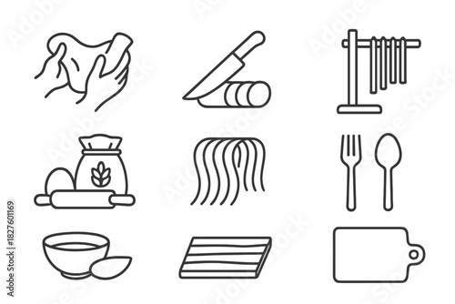 Italian Cooking Icons. Line style icons of Italian Cooking: Dough Stretching, Knife Slicing, Hanging Rack, Raw Ingredients;