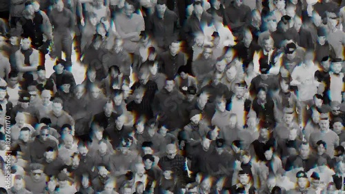 A crowd with a glitch effect. Digital distortion. Crowd simulation in cyberpunk style.