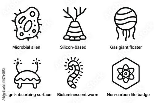 Alien Lifeform Icons. Line style icons of hypothetical alien lifeforms: microbial alien shape, silicon-based organism, gas giant