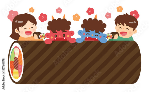 かわいい鬼と恵方巻と子供のイラスト:節分用横向き巻きずし背景フレーム