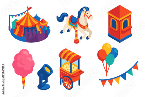 Vibrant Carnival Icons. Isometric vector illustration set Comic book elements – carnival scene, carousel horse, ticket booth;