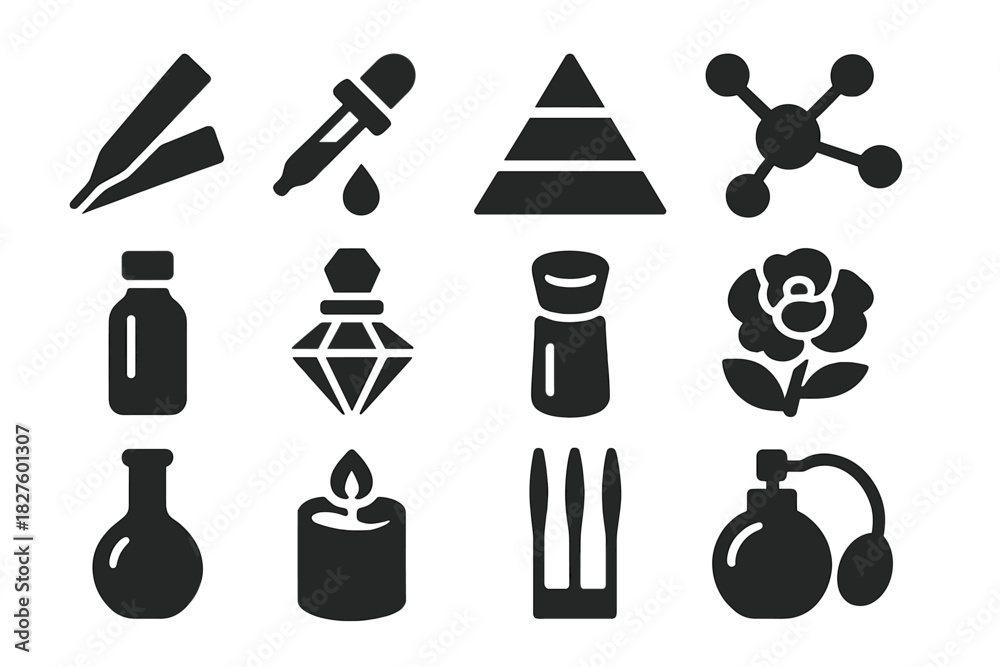 Fototapeta premium Artisan Perfumery Icons. Solid style icons of Artisan perfumery: scent strip, essential oil dropper, note pyramid, odor molecule,
