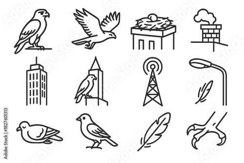 Urban Raptors Icons. Line style icons of raptors in city: perched falcon, flying hawk, rooftop nest, chimney; skyscraper, tower