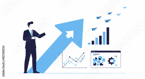A business professional analyzing data and charts, with an upward arrow symbolizing growth and success.