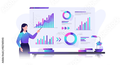 A woman presenting data visualizations and charts on a large screen, illustrating business analytics and information.