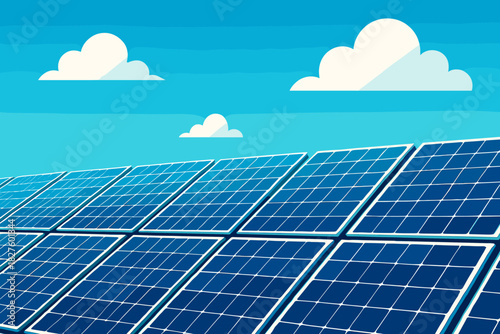 Solar Array under Blue Sky. Gleaming solar panels arranged in neat vector illustration rows under a vibrant blue sky, sharp and