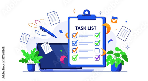 An illustration of a task list on a clipboard, with a laptop, plants, and documents, representing productivity and organization.
