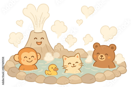 Geysers and Happy Animals. Hot spring spa with smiling geysers, happy animals bathing, and steam clouds shaped like hearts No text