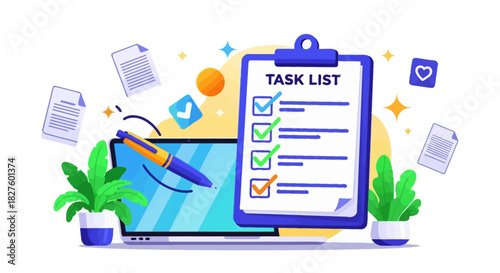 A vibrant illustration of a task list on a clipboard, with a laptop, plants, and documents.