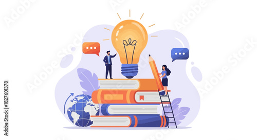 Illustration of people standing on books, with a lightbulb, pencil, speech bubbles, and a globe, representing ideas and knowledge.