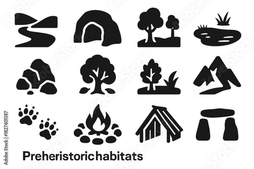 Prehistoric Habitats Icons. Solid style icons of Prehistoric habitats: river valley, cave entrance, forest clearing, grassland,