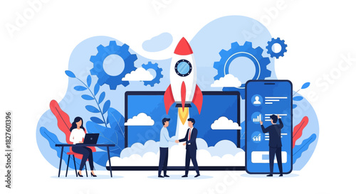 Illustration depicting a business startup with a rocket launch, teamwork, and technology integration.