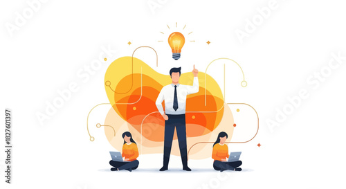 A business leader pointing upwards with an idea, surrounded by two people working on laptops, with an abstract background.