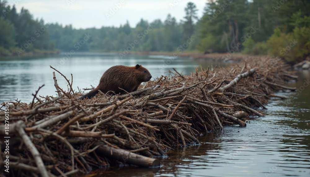 Obraz premium Wild brown beaver stands on massive timber dam carefully constructed from many tree branches, logs in flowing forest river. Industrious rodent creates new wetland ecosystem changing aquatic