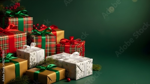 A festive Christmas-themed green background featuring two or three neatly arranged holiday gifts placed in the corner