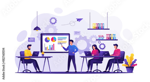 A business presentation in a modern office, with a man pointing at a screen and colleagues working.