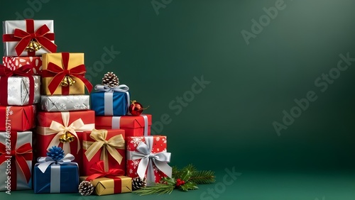 A festive Christmas-themed green background featuring two or three neatly arranged holiday gifts placed in the corner