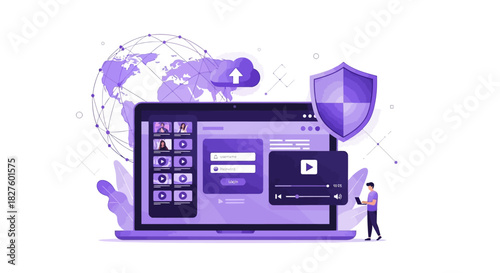 Illustration depicting online security, data protection, and cloud computing with a laptop, shield, and globe.