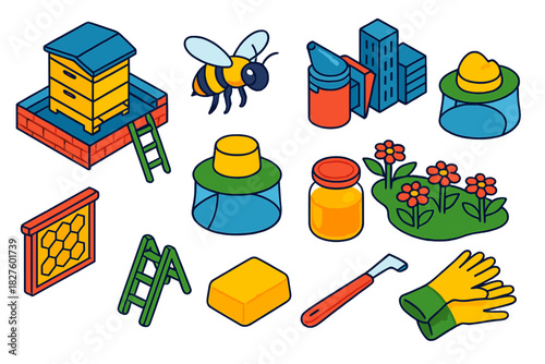 Urban Beekeeping Scene. Isometric vector illustration set Urban Beekeeping: hive on rooftop, flying bee, smoker tool, city skyline