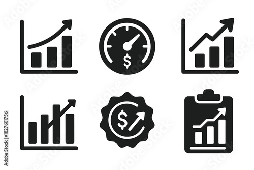 ROI Tracking Icons. Solid style icons of ROI tracking in predictive procurement: return on investment graph, cost-saving dial,