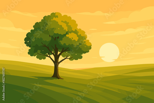 Golden Hour Serenity. Golden hour shot of a single tree standing in vector illustration an expansive green field, soft warm