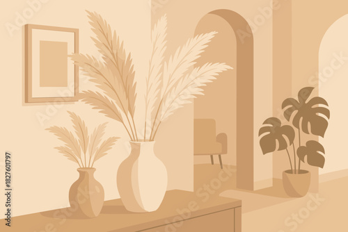 Minimalist Elegant Decor. Elegant interior with pampas grass in ceramic vases, soft warm tones, modern and minimalist, tranquil