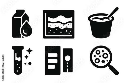 Dairy Spectral Icons. Solid style icons of dairy and liquid spectral scan: milk fat signature, spoilage layer heatmap, beverage