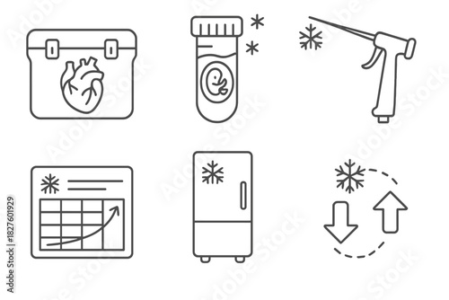 Medical Application Icons. Line style icons of Applications in Medicine: organ storage chest, frozen embryo vial, cryosurgery tool