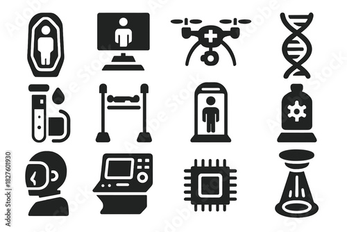 Futuristic Preservation Icons. Solid style icons of Futuristic Preservation: Cryo Pod, Holographic Screen, Medical Drone, DNA