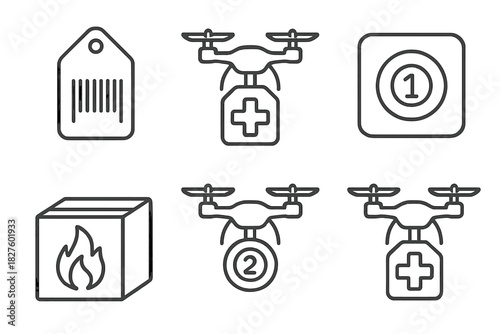 Drone Tag Icons. Line style icons of drone tags and identifiers: barcode tag, medical delivery label, unique ID sticker, thermal