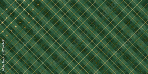 hristmas rhombus seamless pattern. Xmas plaid texture with gold line and stars. Green argyle geometric diamond abstract pattern. Christmas wrapping.