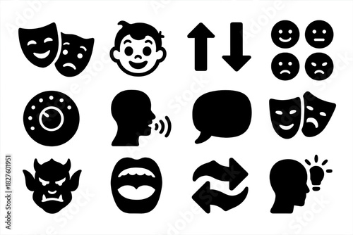 Character Voice Icons. Solid style icons of character voice creation: theatrical mask, animated character head, voice pitch arrows