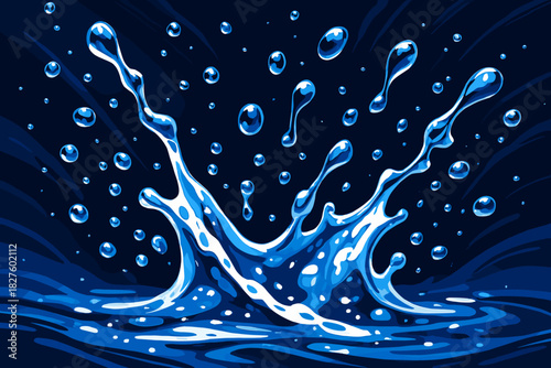 Dynamic Water Splash. Close-up of water droplets splashing mid-air, dramatic lighting with a vector illustration rich blue and