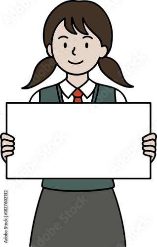 Schoolgirl in Uniform Holding a Blank Board