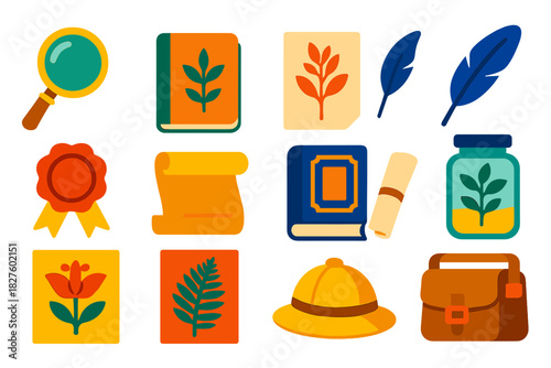 Botanical Study Icons. Flat vector icons of Historic Botanical Study: brass magnifier, field sketchbook, dried sample, ink quill,