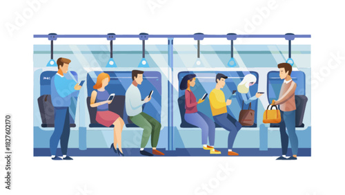 People commuting subway train using mobile phones passengers public transport urban lifestyle modern city travel